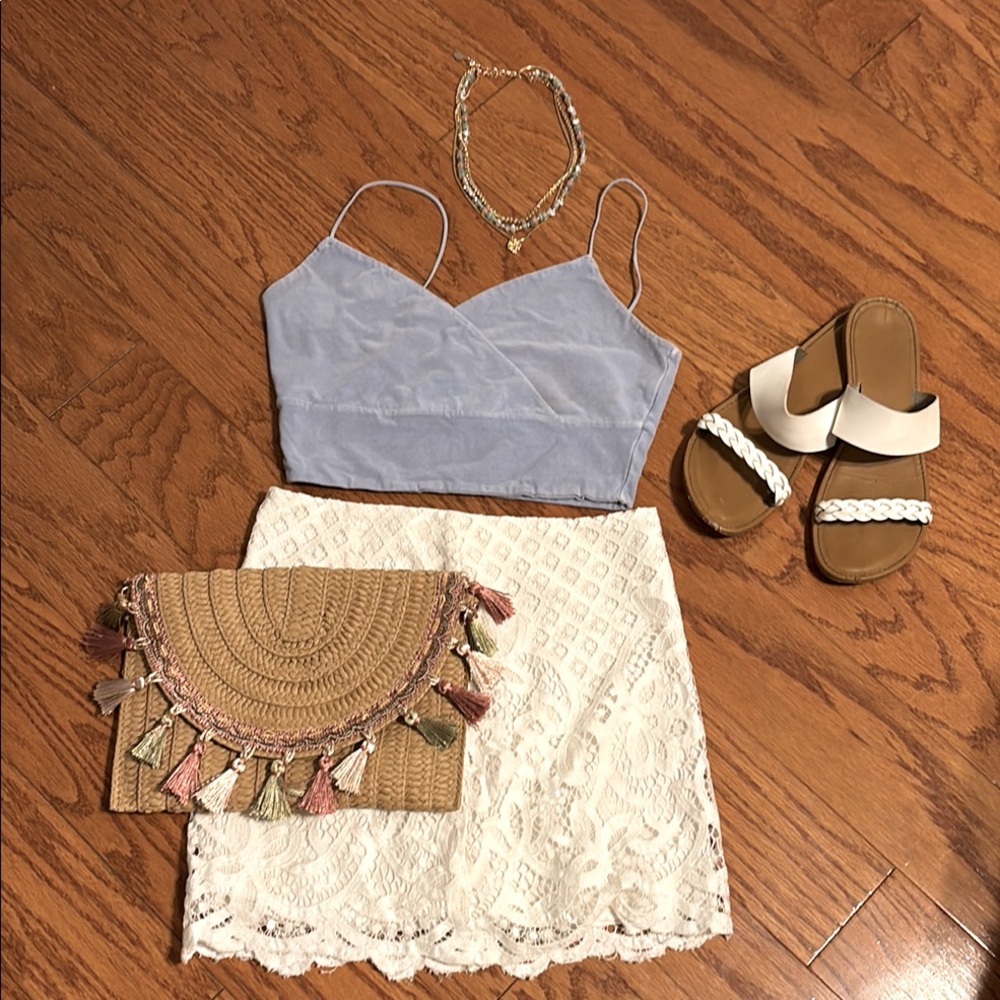Stylish Blue Crop Top and Lace Skirt Set